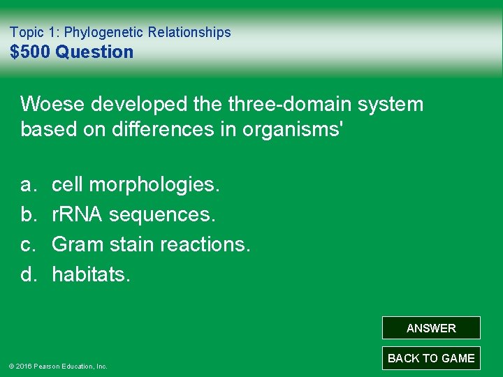 Topic 1: Phylogenetic Relationships $500 Question Woese developed the three-domain system based on differences