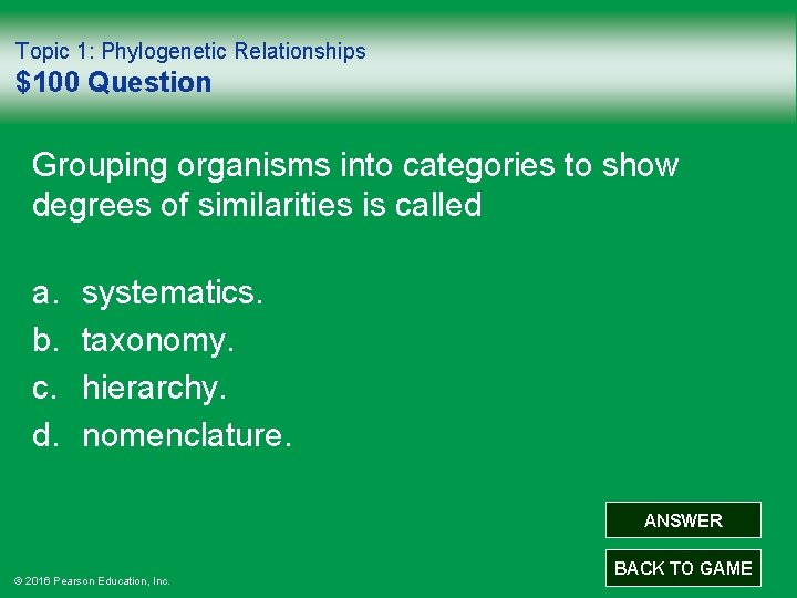 Topic 1: Phylogenetic Relationships $100 Question Grouping organisms into categories to show degrees of