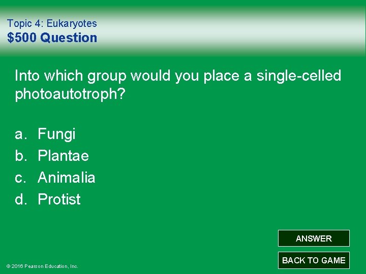 Topic 4: Eukaryotes $500 Question Into which group would you place a single-celled photoautotroph?