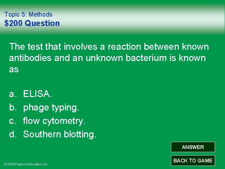 Topic 5: Methods $200 Question The test that involves a reaction between known antibodies