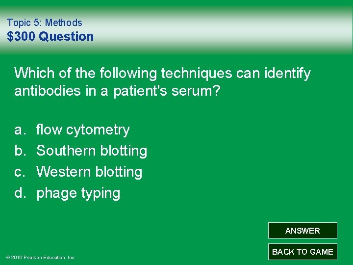 Topic 5: Methods $300 Question Which of the following techniques can identify antibodies in