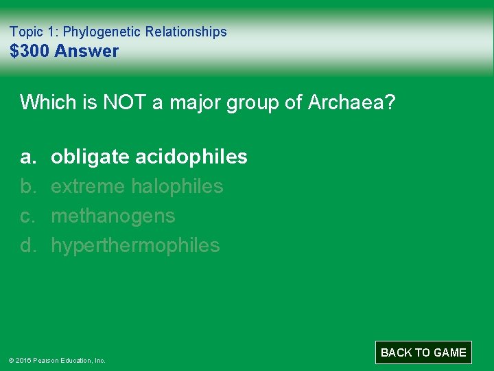 Topic 1: Phylogenetic Relationships $300 Answer Which is NOT a major group of Archaea?