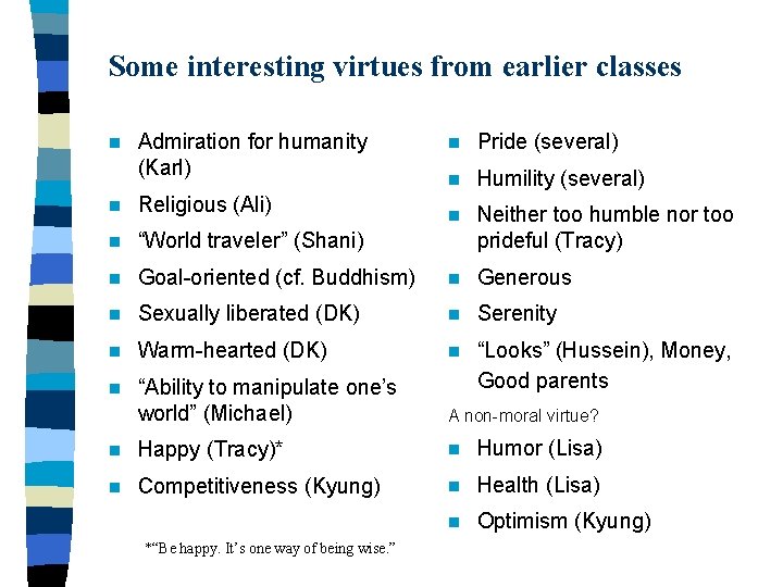Some interesting virtues from earlier classes n Admiration for humanity (Karl) n Pride (several)