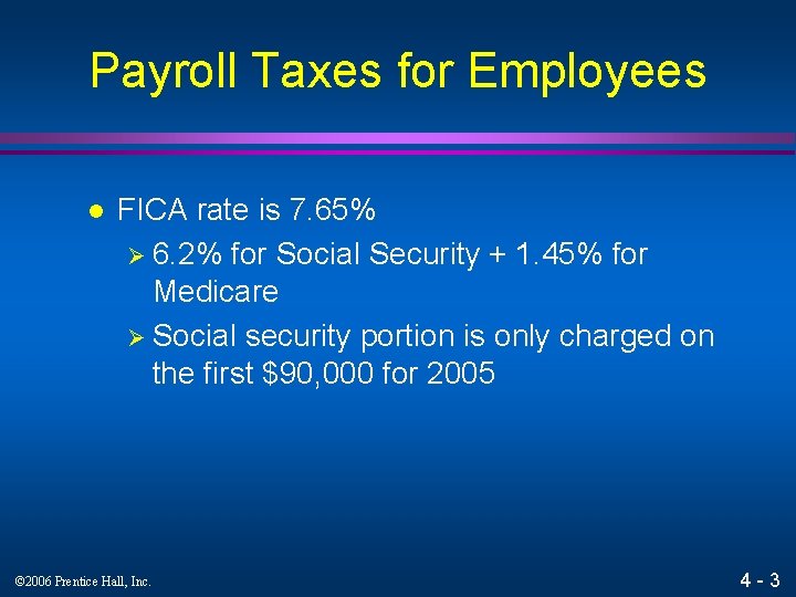 Payroll Taxes for Employees l FICA rate is 7. 65% Ø 6. 2% for