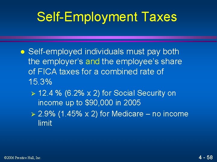 Self-Employment Taxes l Self-employed individuals must pay both the employer’s and the employee’s share