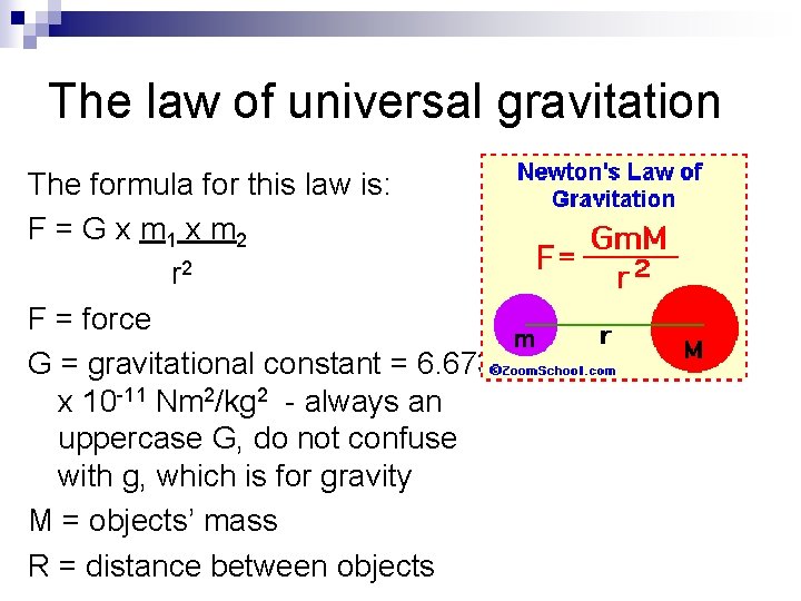 The law of universal gravitation The formula for this law is: F = G