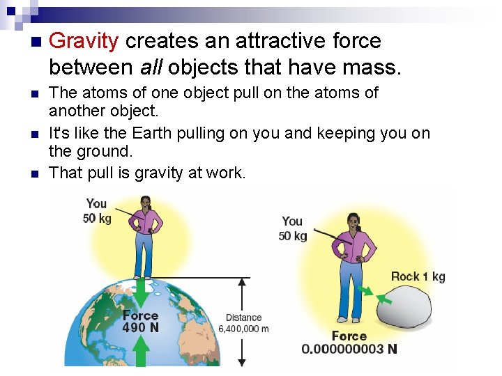 n Gravity creates an attractive force between all objects that have mass. n The