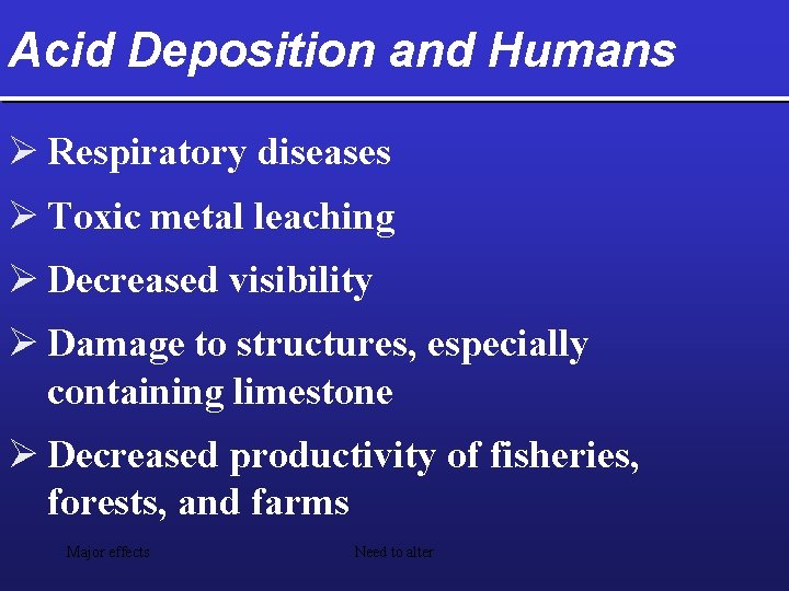 Acid Deposition and Humans Ø Respiratory diseases Ø Toxic metal leaching Ø Decreased visibility