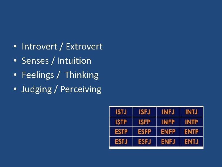  • • Introvert / Extrovert Senses / Intuition Feelings / Thinking Judging /