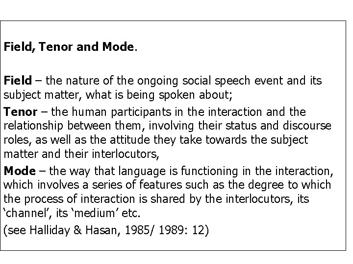 Field, Tenor and Mode. Field – the nature of the ongoing social speech event Field, Tenor and Mode. Field – the nature of the ongoing social speech event