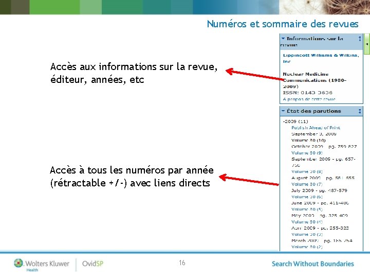 Numéros et sommaire des revues Accès aux informations sur la revue, éditeur, années, etc