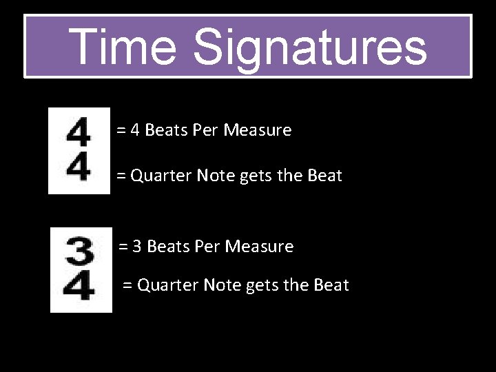 Time Signatures = 4 Beats Per Measure = Quarter Note gets the Beat =