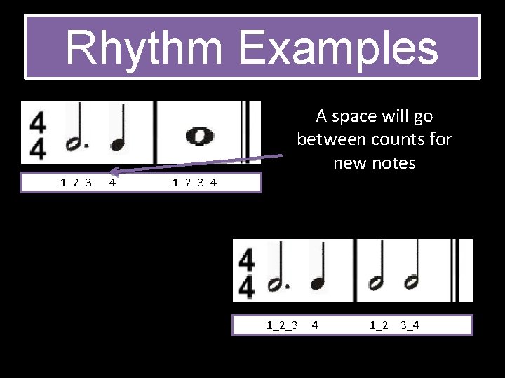 Rhythm Examples A space will go between counts for new notes 1_2_3 4 1_2_3_4