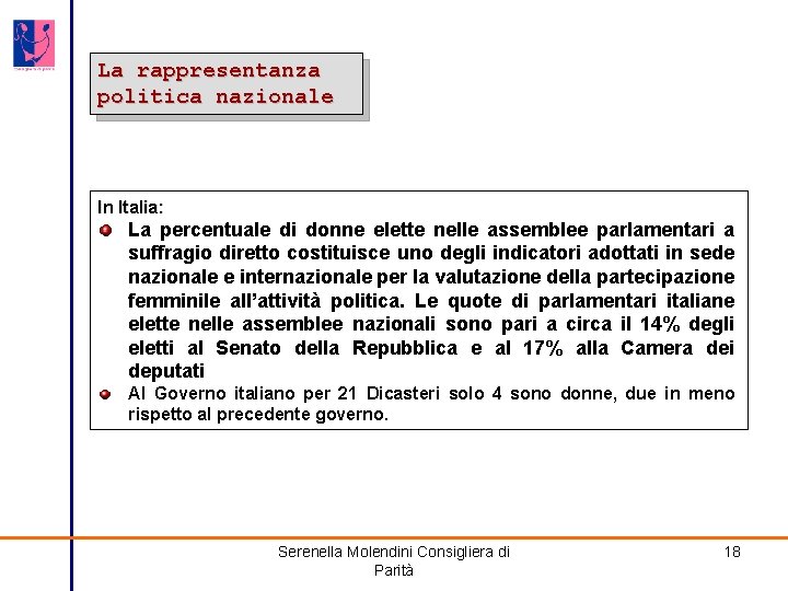 La rappresentanza politica nazionale In Italia: La percentuale di donne elette nelle assemblee parlamentari