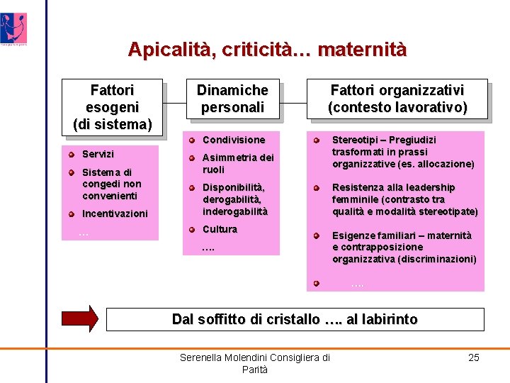 Apicalità, criticità… maternità Fattori esogeni (di sistema) Dinamiche personali Fattori organizzativi (contesto lavorativo) Condivisione