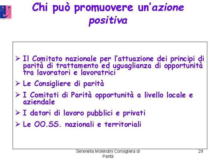 Chi può promuovere un’azione positiva Ø Il Comitato nazionale per l’attuazione dei principi di