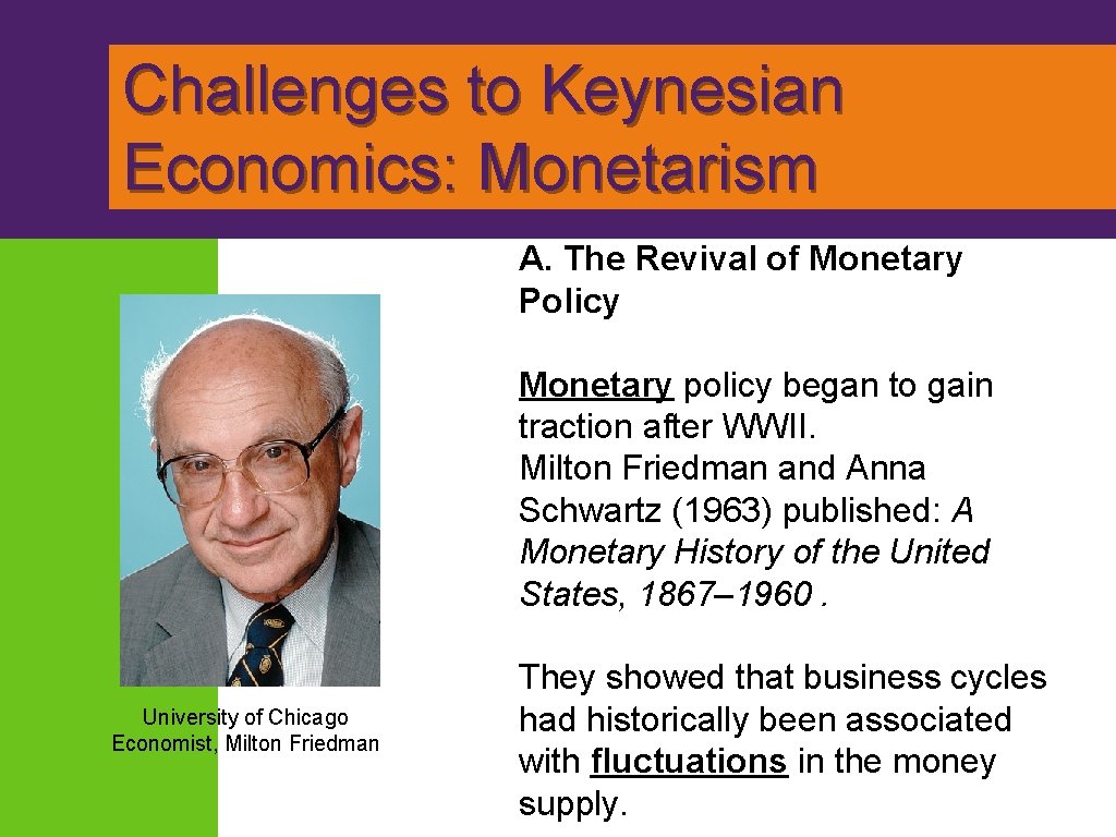 Challenges to Keynesian Economics: Monetarism A. The Revival of Monetary Policy Monetary policy began
