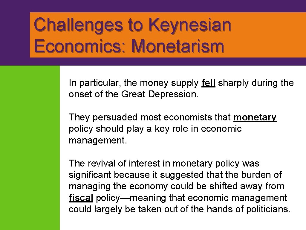 Challenges to Keynesian Economics: Monetarism In particular, the money supply fell sharply during the