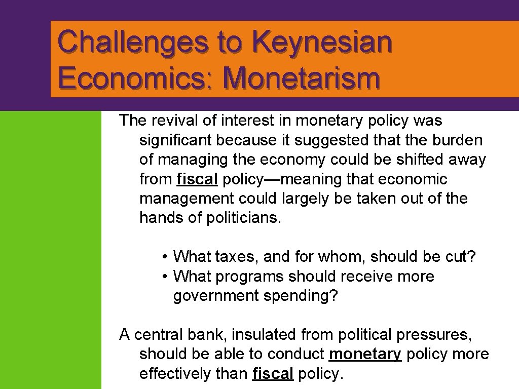 Challenges to Keynesian Economics: Monetarism The revival of interest in monetary policy was significant