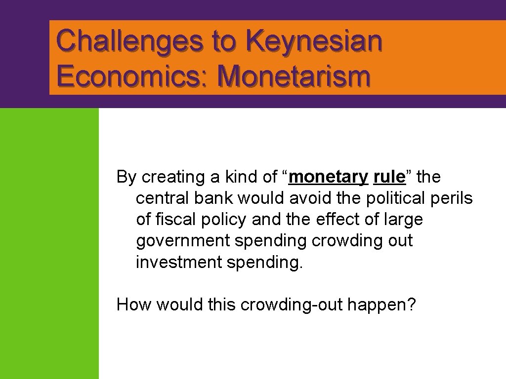 Challenges to Keynesian Economics: Monetarism By creating a kind of “monetary rule” the central