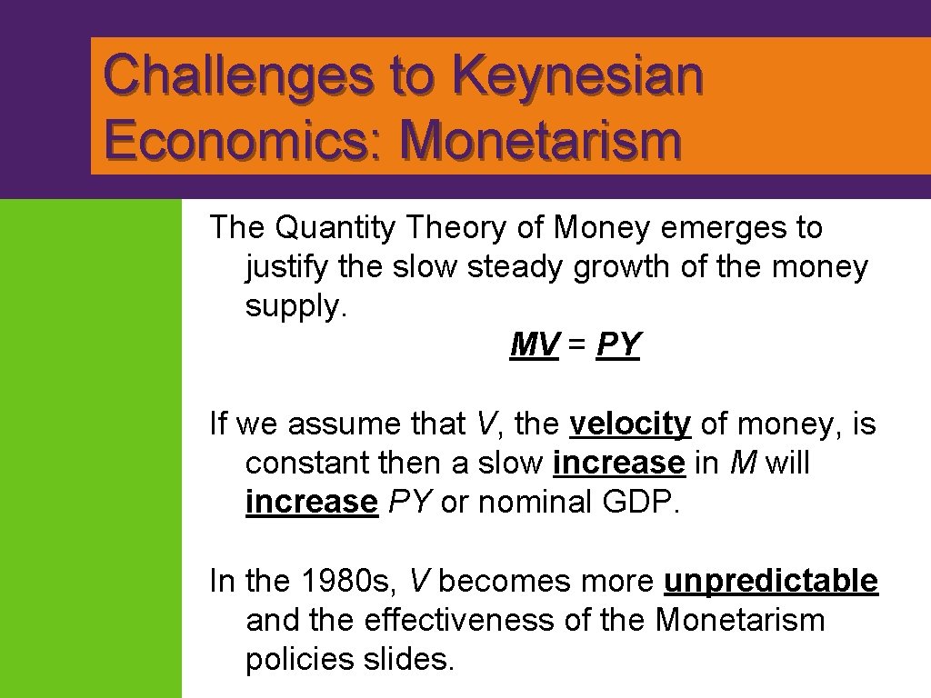 Challenges to Keynesian Economics: Monetarism The Quantity Theory of Money emerges to justify the