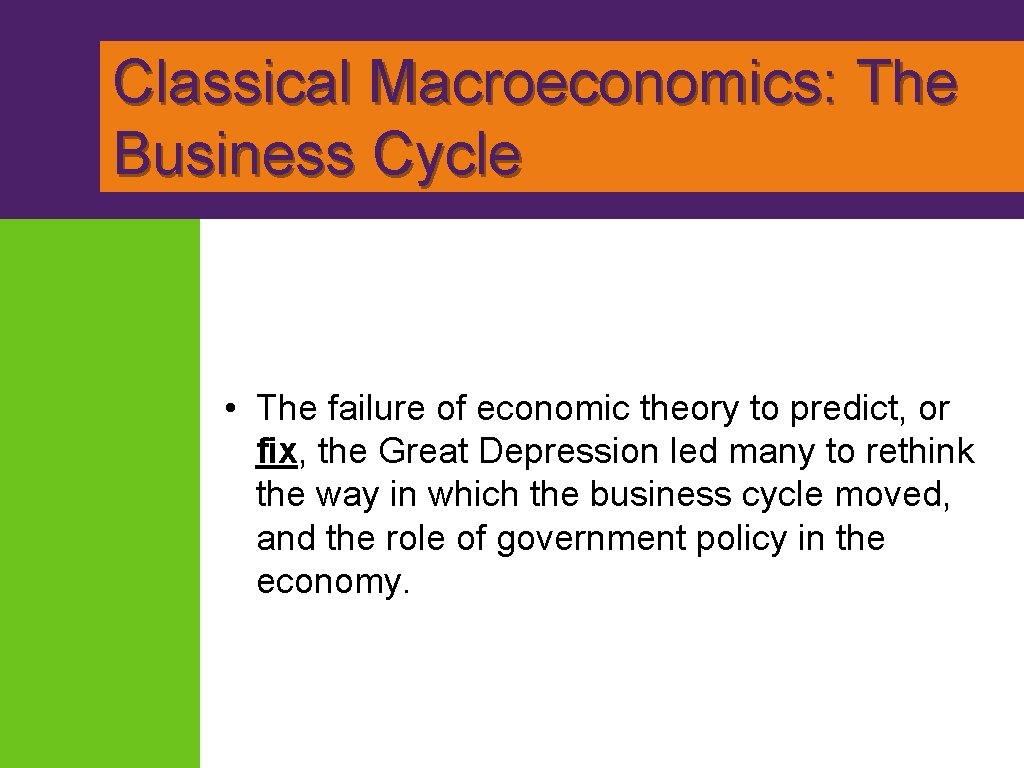 Classical Macroeconomics: The Business Cycle • The failure of economic theory to predict, or