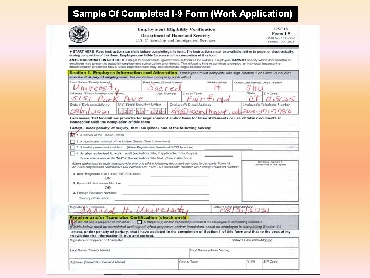 Sample Of Completed I-9 Form (Work Application) 