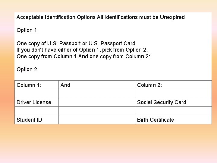 Acceptable Identification Options All Identifications must be Unexpired Option 1: One copy of U.