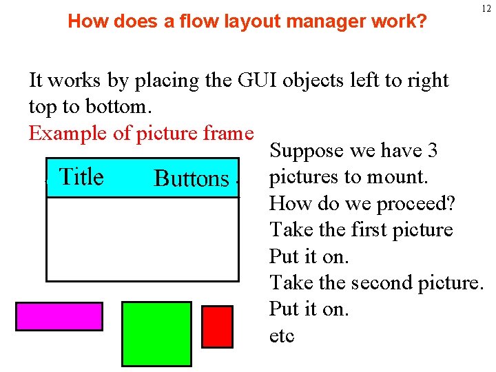 How does a flow layout manager work? 12 It works by placing the GUI
