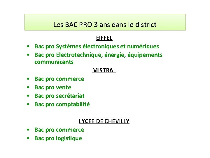 Les BAC PRO 3 ans dans le district • • • EIFFEL Bac pro