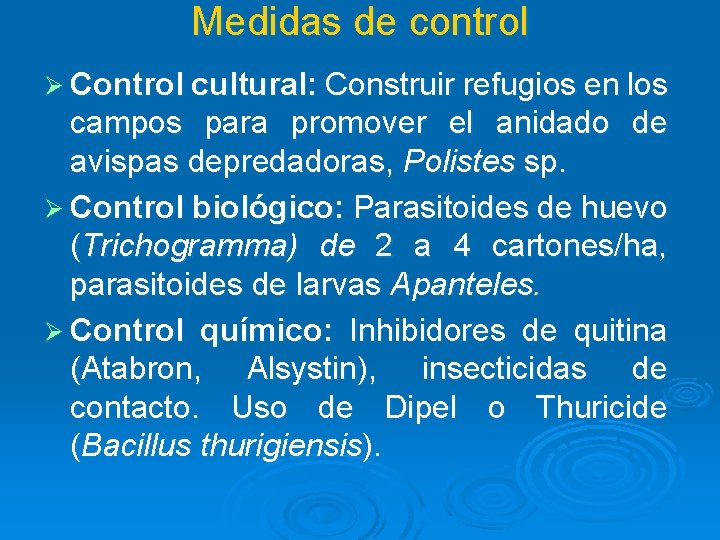 Medidas de control Ø Control cultural: Construir refugios en los campos para promover el