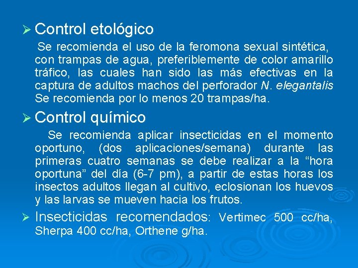 Ø Control etológico Se recomienda el uso de la feromona sexual sintética, con trampas