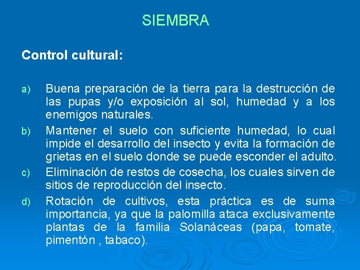 SIEMBRA Control cultural: a) b) c) d) Buena preparación de la tierra para la