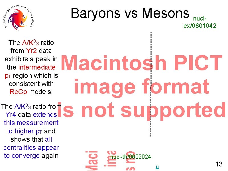 Baryons vs Mesons nuclex/0601042 The Λ/K 0 S ratio from Yr 2 data exhibits