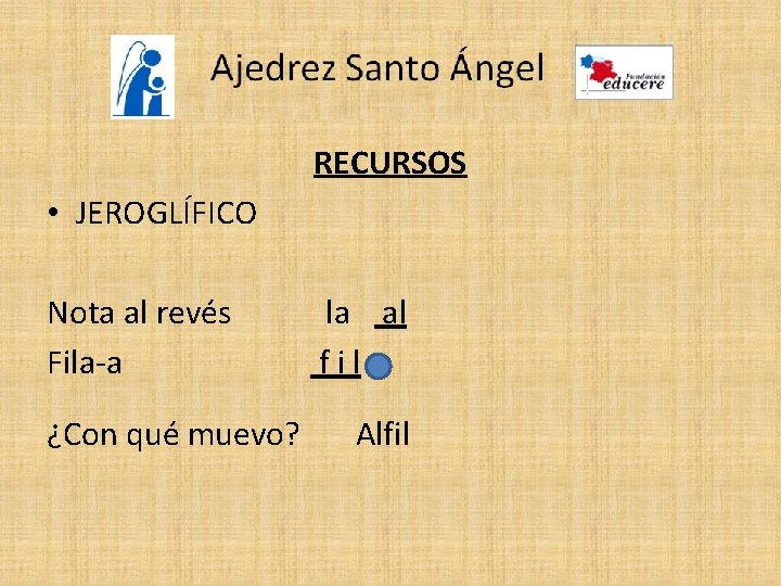 RECURSOS • JEROGLÍFICO Nota al revés Fila-a ¿Con qué muevo? la al fila Alfil