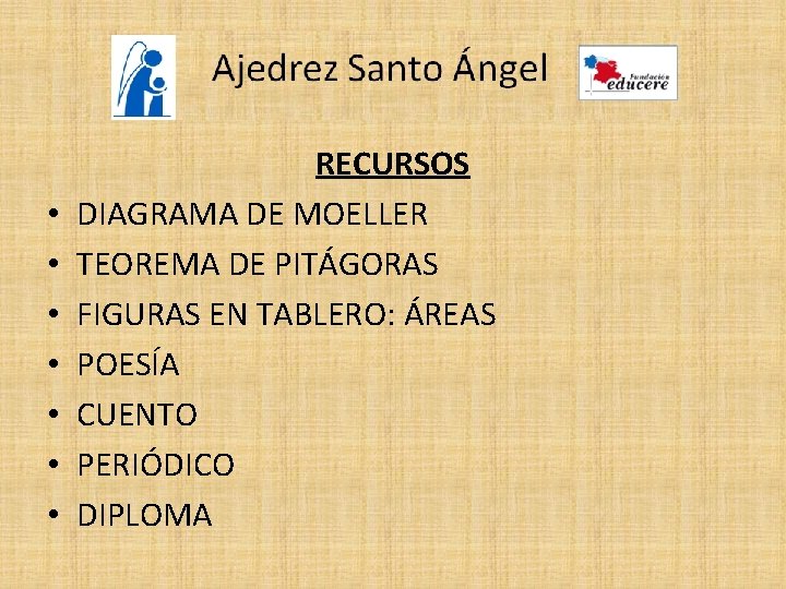  • • RECURSOS DIAGRAMA DE MOELLER TEOREMA DE PITÁGORAS FIGURAS EN TABLERO: ÁREAS