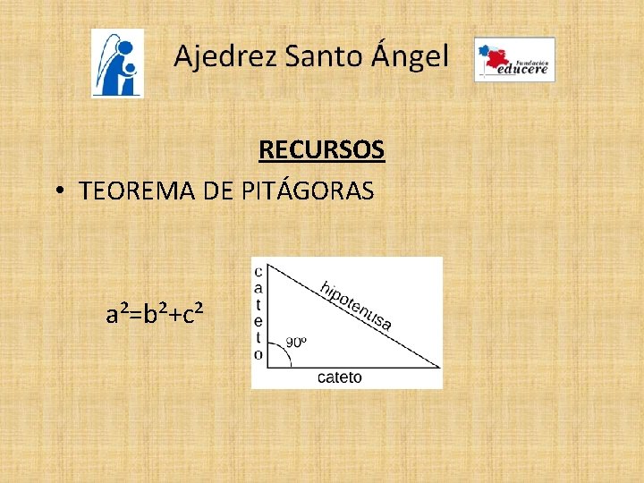 RECURSOS • TEOREMA DE PITÁGORAS a²=b²+c² 