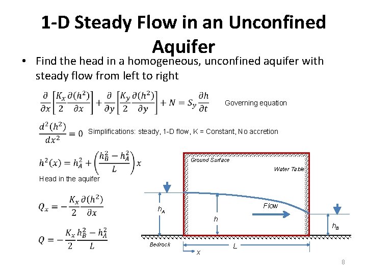 1 -D Steady Flow in an Unconfined Aquifer • Find the head in a