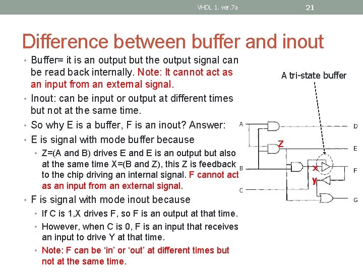 21 VHDL 1. ver. 7 a Difference between buffer and inout • Buffer= it