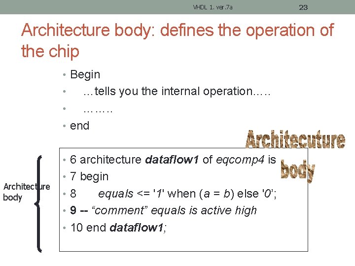 VHDL 1. ver. 7 a 23 Architecture body: defines the operation of the chip