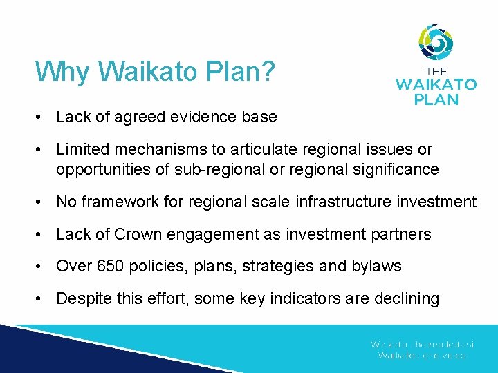 Why Waikato Plan? • Lack of agreed evidence base • Limited mechanisms to articulate