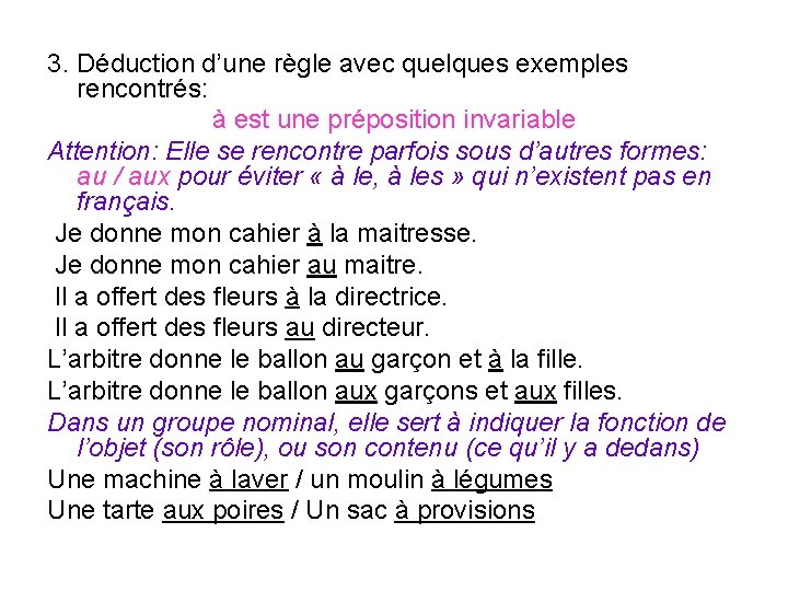 3. Déduction d’une règle avec quelques exemples rencontrés: à est une préposition invariable Attention: