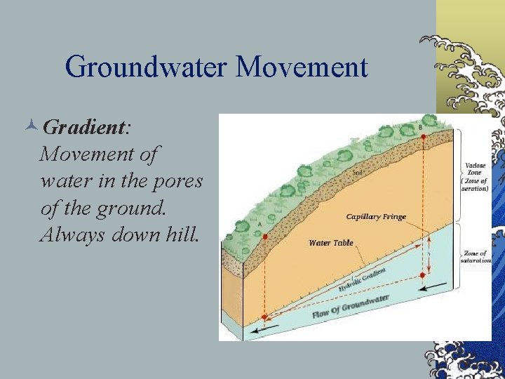 Groundwater Movement ©Gradient: Movement of water in the pores of the ground. Always down