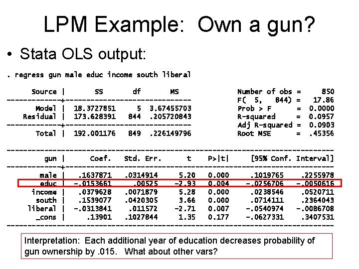 LPM Example: Own a gun? • Stata OLS output: . regress gun male educ