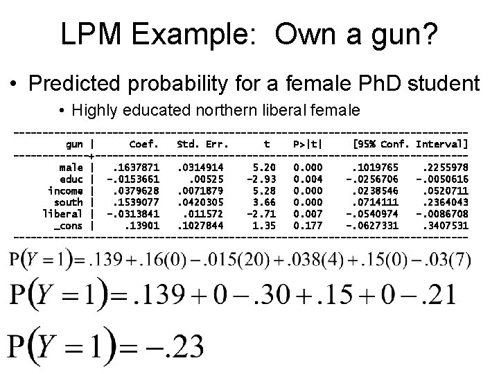 LPM Example: Own a gun? • Predicted probability for a female Ph. D student