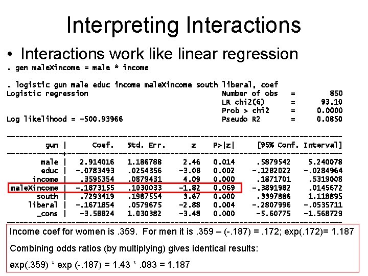 Interpreting Interactions • Interactions work like linear regression. gen male. Xincome = male *