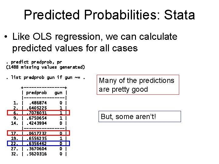 Predicted Probabilities: Stata • Like OLS regression, we can calculate predicted values for all