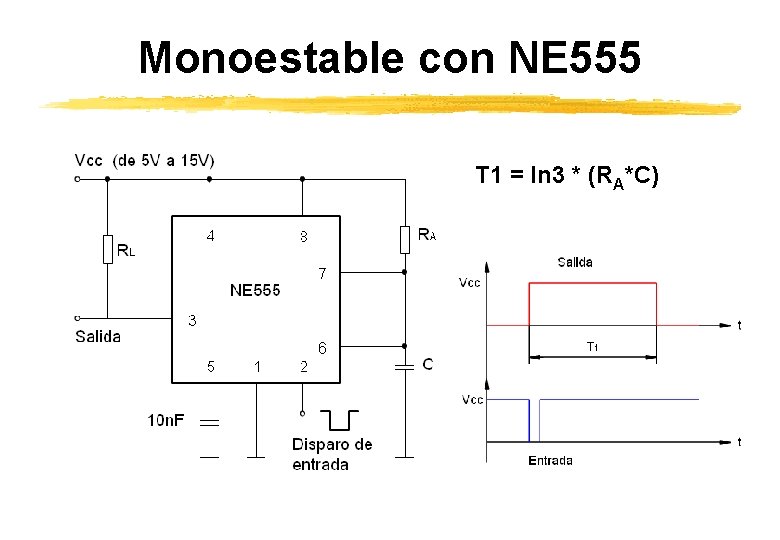 Monoestable con NE 555 T 1 = ln 3 * (RA*C) Monoestable con NE 555 T 1 = ln 3 * (RA*C)
