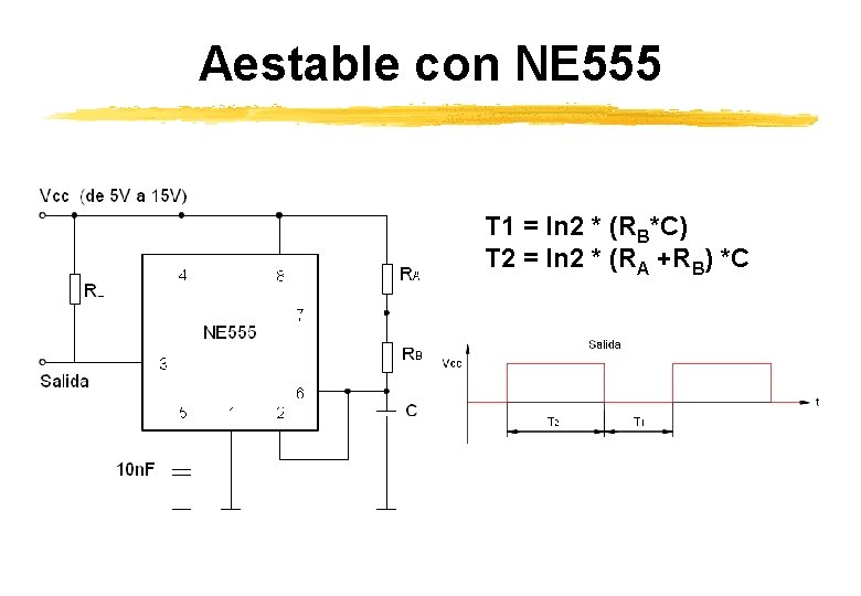 Aestable con NE 555 T 1 = ln 2 * (RB*C) T 2 = Aestable con NE 555 T 1 = ln 2 * (RB*C) T 2 =