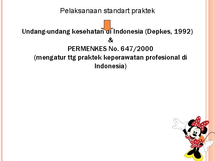 Pelaksanaan standart praktek Undang-undang kesehatan di Indonesia (Depkes, 1992) & PERMENKES No. 647/2000 (mengatur